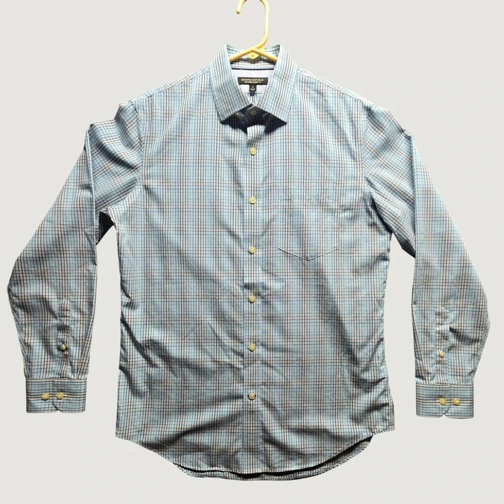 Banana Republic Mens Blue Brown Plaid Non-Iron Classic Fit Shirt 410774-00 Small